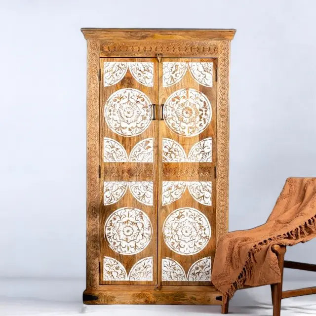 Natural & White Carved Wardrobe Solid Wood wardrobe  2 door wardrobe jlhomedecor2021.myshopify.com