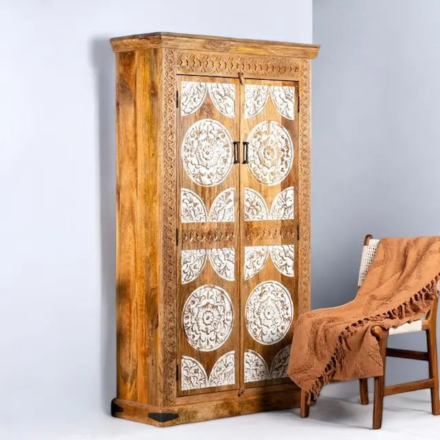 Natural & White Carved Wardrobe Solid Wood wardrobe  2 door wardrobe jlhomedecor2021.myshopify.com