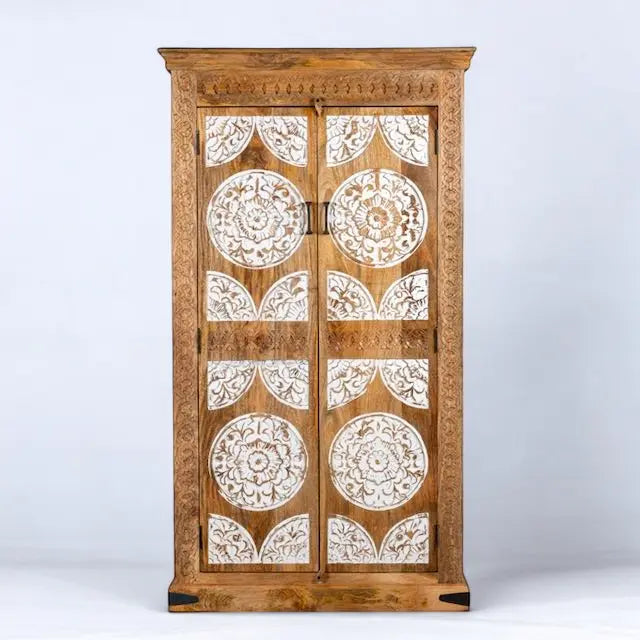 Natural & White Carved Wardrobe Solid Wood wardrobe  2 door wardrobe jlhomedecor2021.myshopify.com