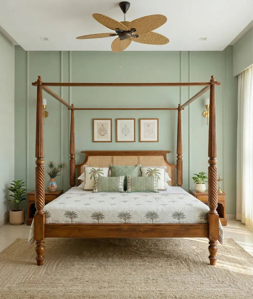 Neil Poster Bed - Acacia Wood Rattan Teak King Size