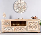 hand carved tv unit, solid mango wood tv stand, distressed white tv unit, carved media console, lattice carved tv stand, 5 drawer tv unit, 2 door media console, living room tv stand, entertainment center, tv cabinet, carved wood furniture, coastal tv unit, shabby chic tv stand, farmhouse media console, statement tv unit, large tv stand, storage tv unit, handmade tv console, indian carved furniture, artisan made tv unit, premium wood furniture, quality wood tv stand, durable tv unit, sturdy media console, ti
