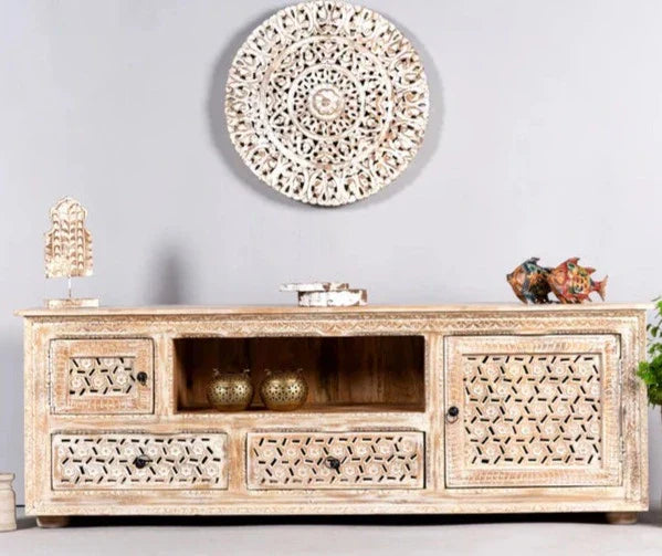 hand carved tv unit, solid mango wood tv stand, distressed white tv unit, carved media console, lattice carved tv stand, 5 drawer tv unit, 2 door media console, living room tv stand, entertainment center, tv cabinet, carved wood furniture, coastal tv unit, shabby chic tv stand, farmhouse media console, statement tv unit, large tv stand, storage tv unit, handmade tv console, indian carved furniture, artisan made tv unit, premium wood furniture, quality wood tv stand, durable tv unit, sturdy media console, ti