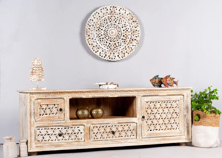 hand carved tv unit, solid mango wood tv stand, distressed white tv unit, carved media console, lattice carved tv stand, 5 drawer tv unit, 2 door media console, living room tv stand, entertainment center, tv cabinet, carved wood furniture, coastal tv unit, shabby chic tv stand, farmhouse media console, statement tv unit, large tv stand, storage tv unit, handmade tv console, indian carved furniture, artisan made tv unit, premium wood furniture, quality wood tv stand, durable tv unit, sturdy media console, ti