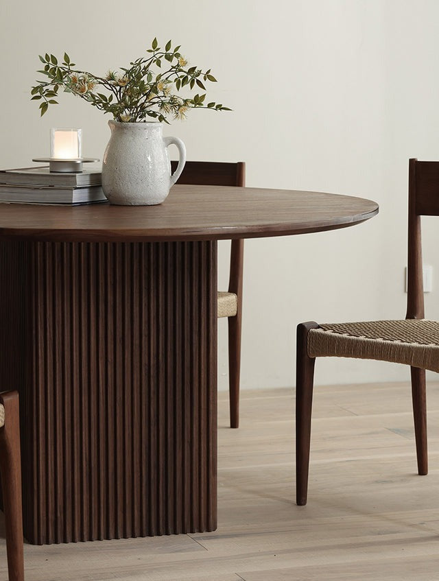 Round Top Square Leg Walnut Dining Table & Chairround dining table | wooden dining table | small dining table | dining wooden chair | wooden chair | dining table chairs | dining table.