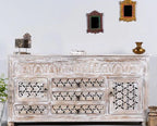 hand carved sideboard, solid mango wood sideboard, white distressed sideboard, jharokha sideboard, carved wood buffet, 6 drawer sideboard, 2 door sideboard, 