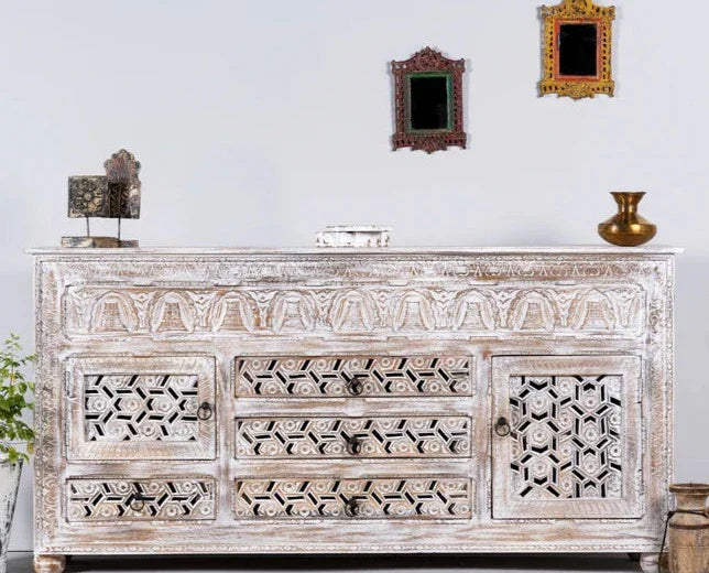 hand carved sideboard, solid mango wood sideboard, white distressed sideboard, jharokha sideboard, carved wood buffet, 6 drawer sideboard, 2 door sideboard, 