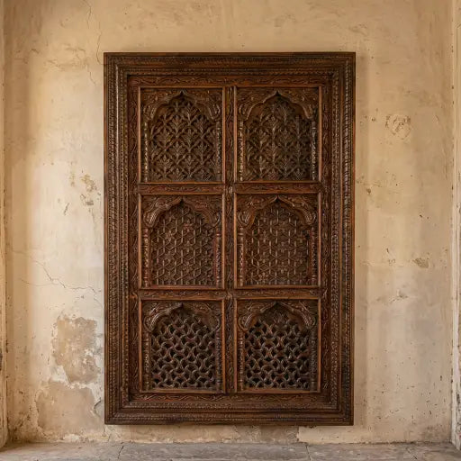 Hand Carved Wooden Jali Wall Panel – 6 Panel Arched Mihrab Design | 6 x 4 Ft | Mango Wood