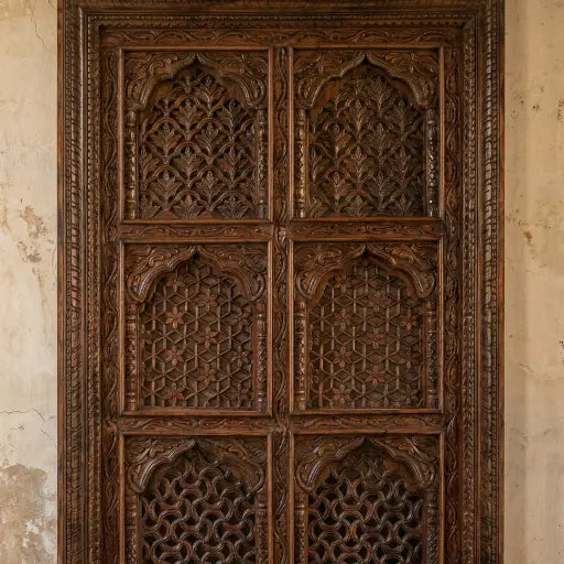 Hand Carved Wooden Jali Wall Panel – 6 Panel Arched Mihrab Design | 6 x 4 Ft | Mango Wood