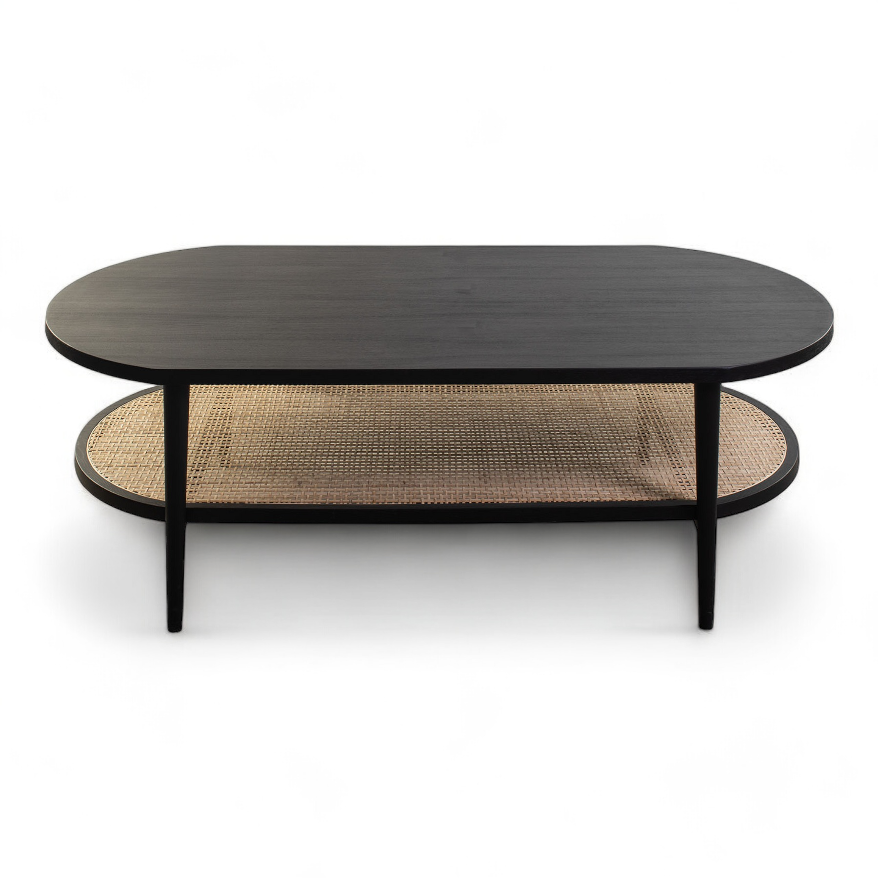 Collection of stylish coffee tables including black oval coffee table, round rattan coffee table, 