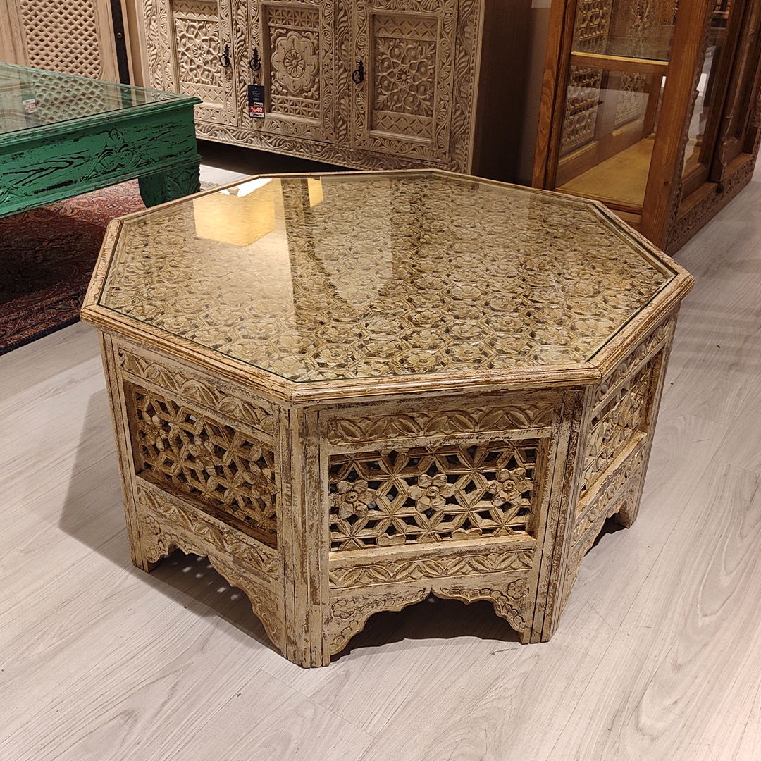 hand carved coffee table, jali coffee table, mango wood coffee table, octagonal coffee table, lattice coffee table, carved wood table, indian furniture, living room table, statement coffee table, handmade coffee table, artisan made table, premium wood table, quality furniture, durable table, sturdy table, timeless table, elegant table, ornate table, unique table, sculptural table, focal piece table, handcrafted in india, sustainable mango wood, whitewash finish, light walnut finish, jali lattice, star latti