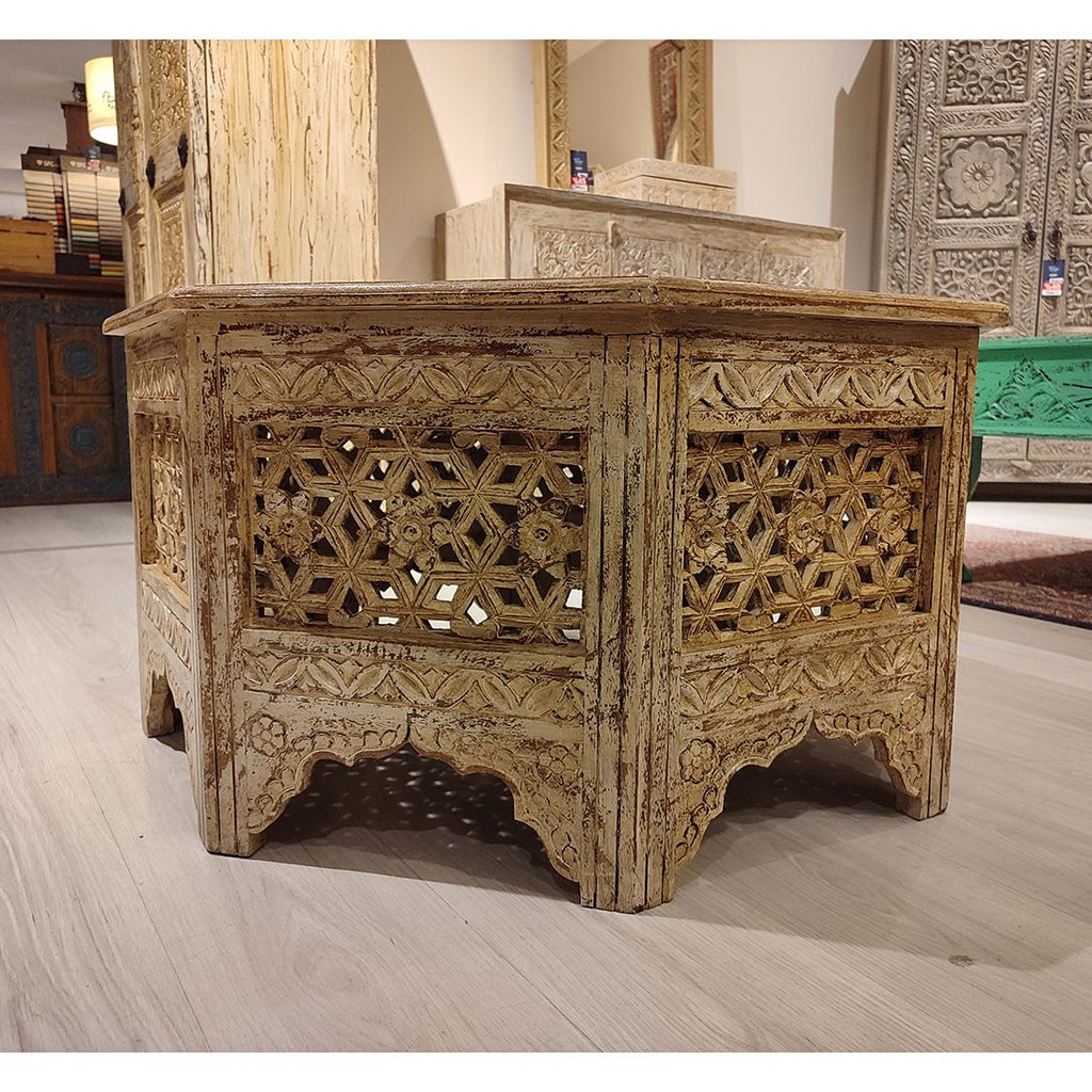 hand carved coffee table, jali coffee table, mango wood coffee table, octagonal coffee table, lattice coffee table, carved wood table, indian furniture, living room table, statement coffee table, handmade coffee table, artisan made table, premium wood table, quality furniture, durable table, sturdy table, timeless table, elegant table, ornate table, unique table, sculptural table, focal piece table, handcrafted in india, sustainable mango wood, whitewash finish, light walnut finish, jali lattice, star latti