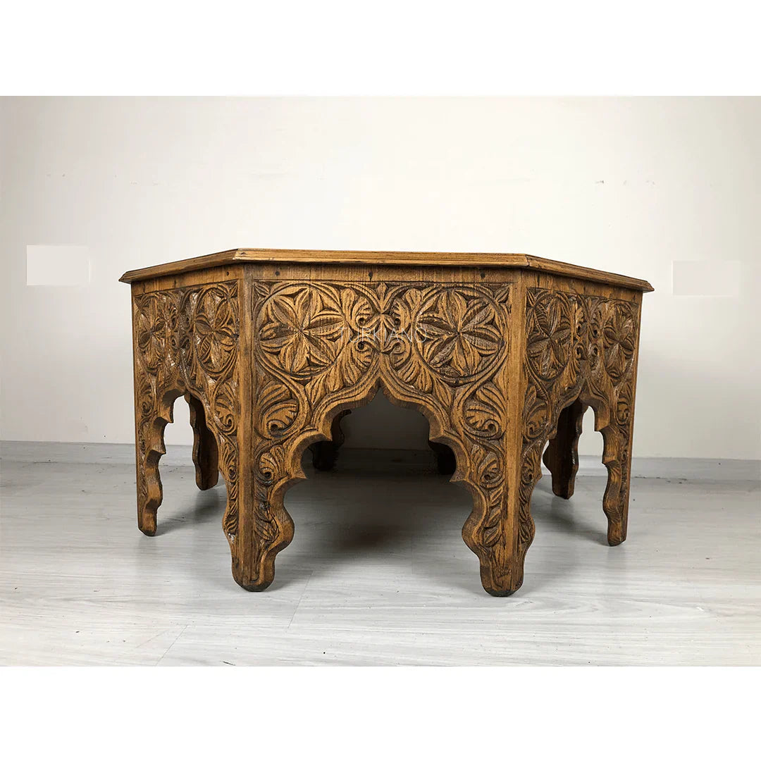 Modarba Table Hand‑Carved Solid Wood Coffee Table — Octagonal Top with Star Medallion ...