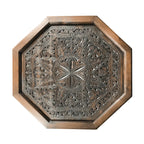 hand carved coffee table, solid wood coffee table, octagonal coffee table, carved wood table, indian furniture, living room table, statement coffee table, mehrab arch table, handmade coffee table, artisan made table, premium wood table, quality furniture, durable table, sturdy table, timeless table, elegant table, ornate table, unique table, sculptural table, focal piece table, handcrafted in india, sustainable wood furniture, star medallion design, geometric patterns, scrolling vines, floral rosettes, mehr