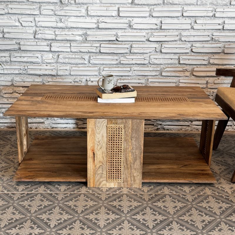 Mango Wood Cane Coffee Table — Rectangular with Natural Rattan Panels & Storage Shelf, 127 × 45 cm, Walnut Finish