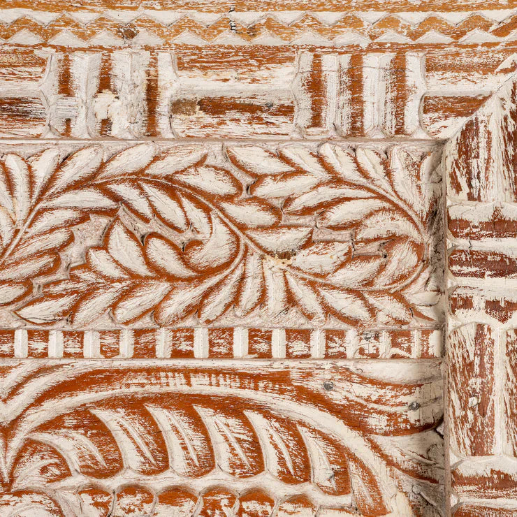 hand carved mirror, mango wood mirror, distressed white mirror, whitewash mirror, large mirror, oversized mirror, full length mirror, wall mirror, entryway mirror, dressing mirror, decorative mirror, indian furniture, handmade mirror, artisan made mirror, premium wood mirror, quality mirror, durable mirror, sturdy mirror, timeless mirror, elegant mirror, statement mirror, ornate mirror, unique mirror, sculptural mirror, focal piece mirror, handcrafted in india, sustainable wood furniture, leaf scroll carvin