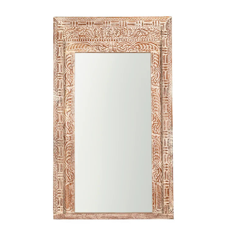 hand carved mirror, mango wood mirror, distressed white mirror, whitewash mirror, large mirror, oversized mirror, full length mirror, wall mirror, entryway mirror, dressing mirror, decorative mirror, indian furniture, handmade mirror, artisan made mirror, premium wood mirror, quality mirror, durable mirror, sturdy mirror, timeless mirror, elegant mirror, statement mirror, ornate mirror, unique mirror, sculptural mirror, focal piece mirror, handcrafted in india, sustainable wood furniture, leaf scroll carvin