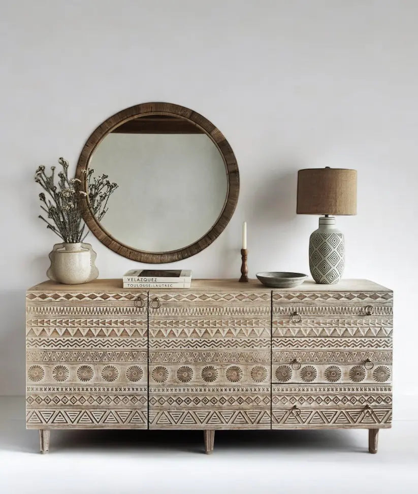 Siona Whitewashed Rustic Console Table with Hand-Carved 3 Doors cabinet  3-Door Console Table jlhomedecor2021.myshopify.com
