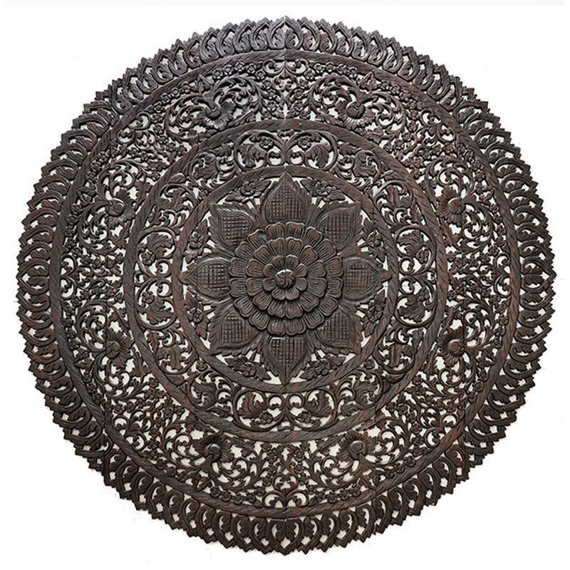 "183 cm round carved wood wall panel lotus mandala design"

