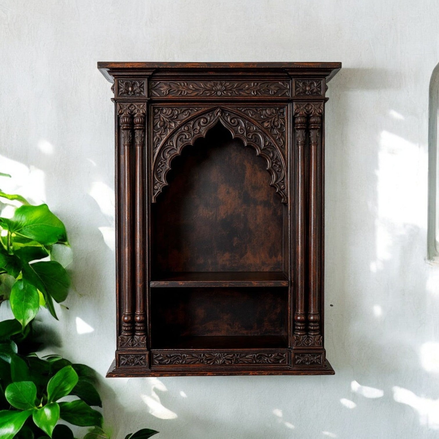 Jodhpur hand-carved archway display shelf with dark wood antique wood art finish, featuring columns and a double tier shelf. Handcrafted in Jodhpur, Rajasthan. Ideal for antique home decor and decorative display.