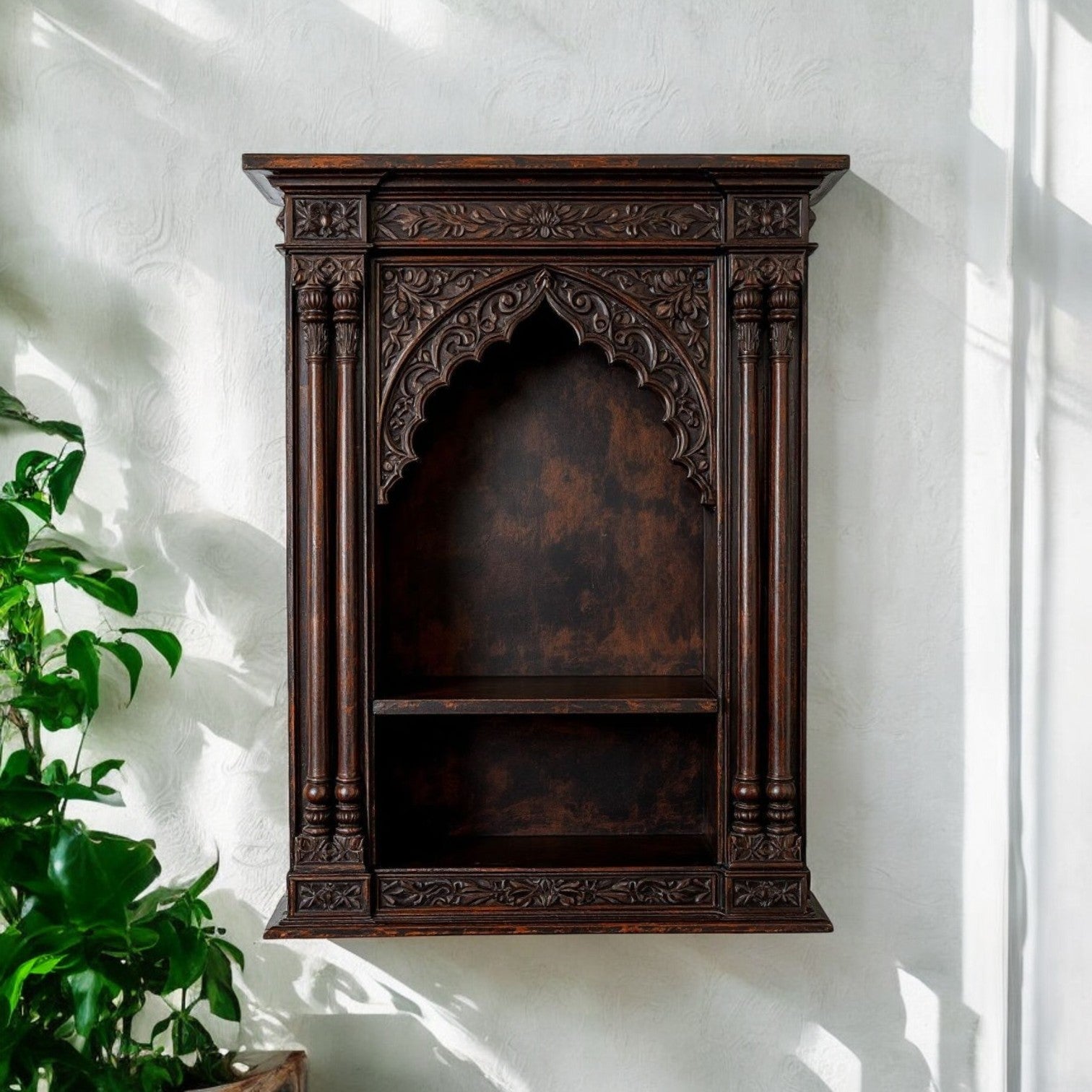 Jodhpur hand-carved archway display shelf with dark wood antique wood art finish, featuring columns and a double tier shelf. Handcrafted in Jodhpur, Rajasthan. Ideal for antique home decor and decorative display.