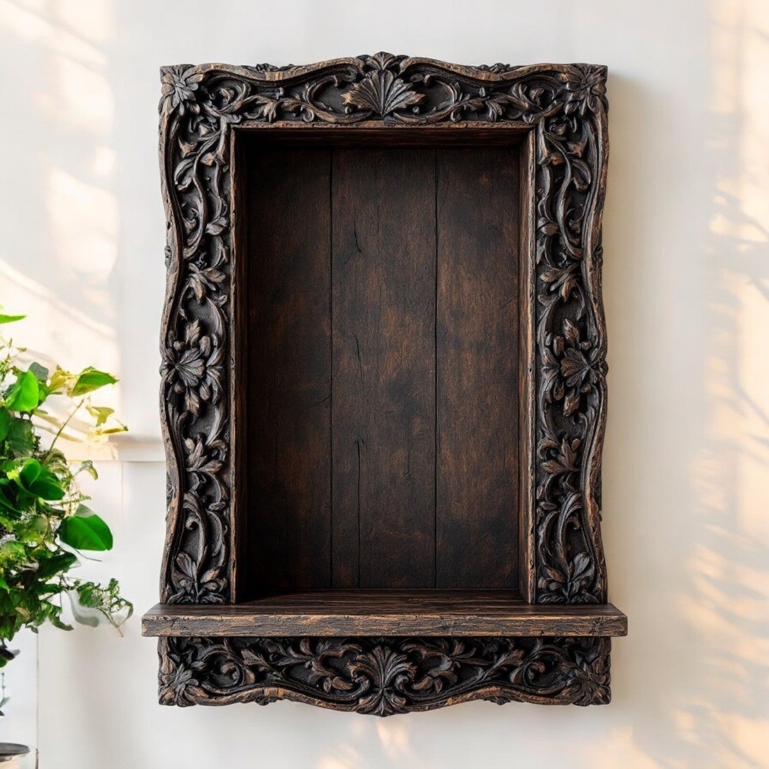 Jodhpur ornate carved wood wall niche shelf with dark antique wood art finish, featuring intricate floral and vine carvings. Handcrafted in Jodhpur, Rajasthan. Ideal for antique home decor and decorative display.