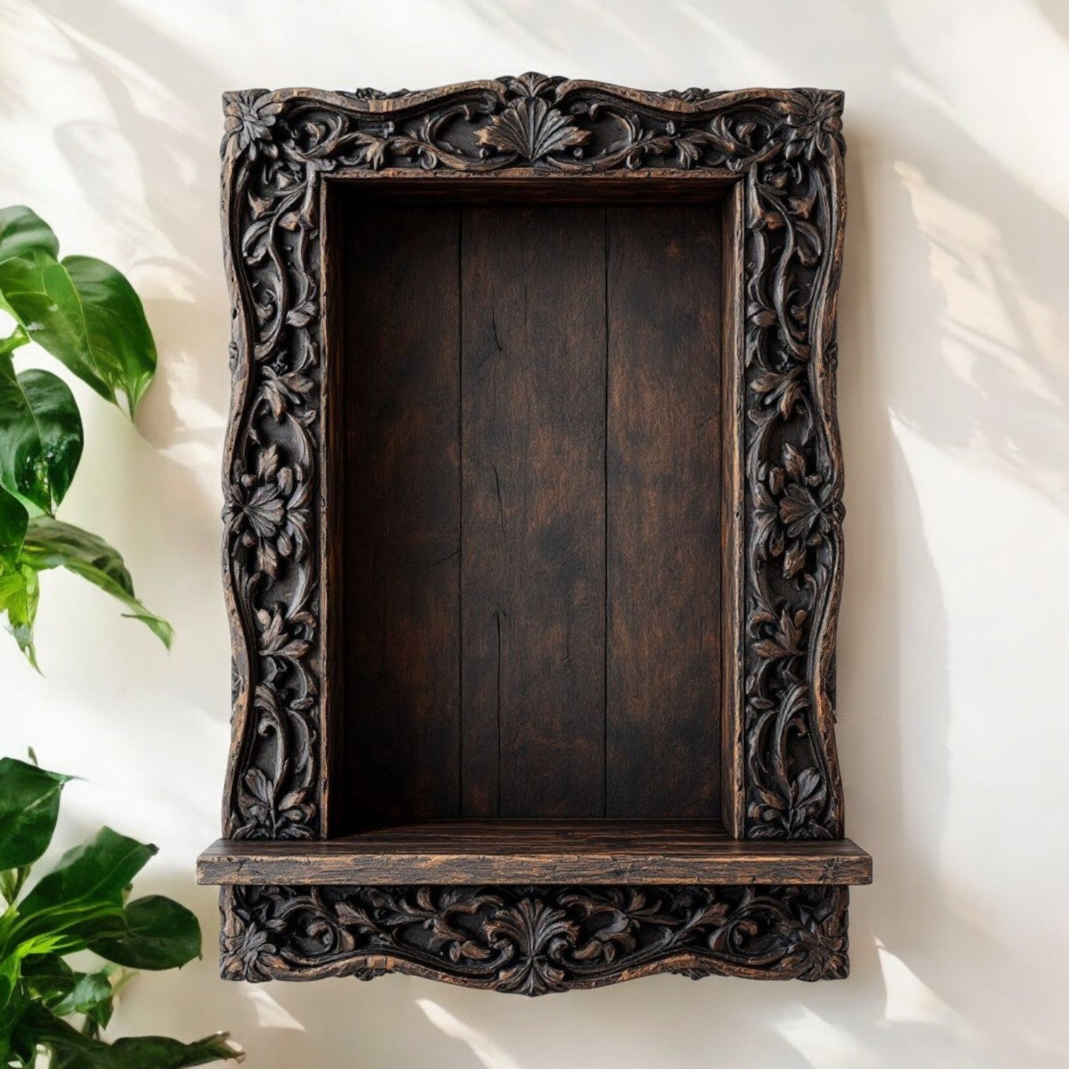 Jodhpur ornate carved wood wall niche shelf with dark antique wood art finish, featuring intricate floral and vine carvings. Handcrafted in Jodhpur, Rajasthan. Ideal for antique home decor and decorative display.