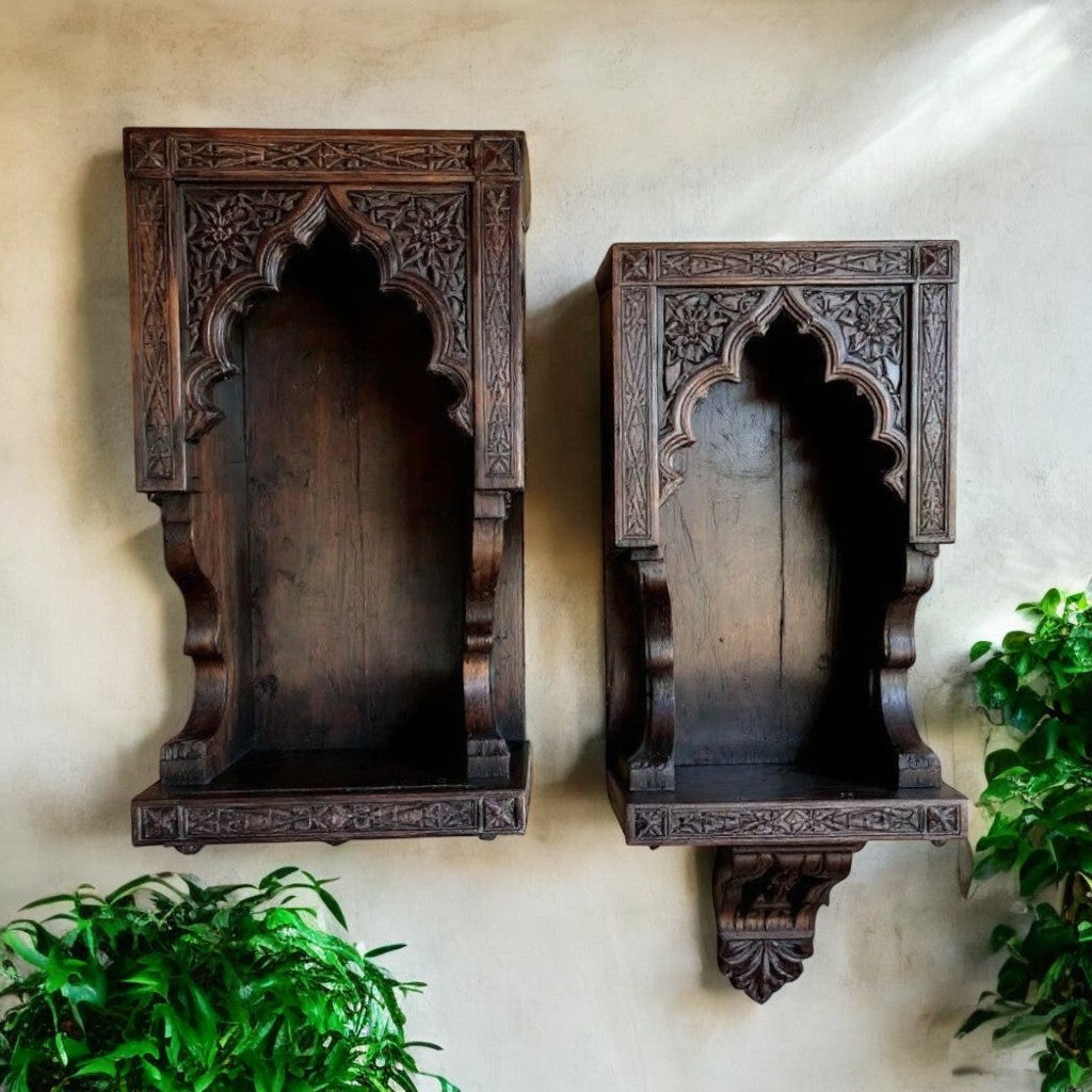 Set of two Jodhpur hand-carved Jharokha wall decor niches with dark wood antique wood art finish, mounted on a wall. Handcrafted in Jodhpur, Rajasthan. Ideal for antique home decor and decorative display.