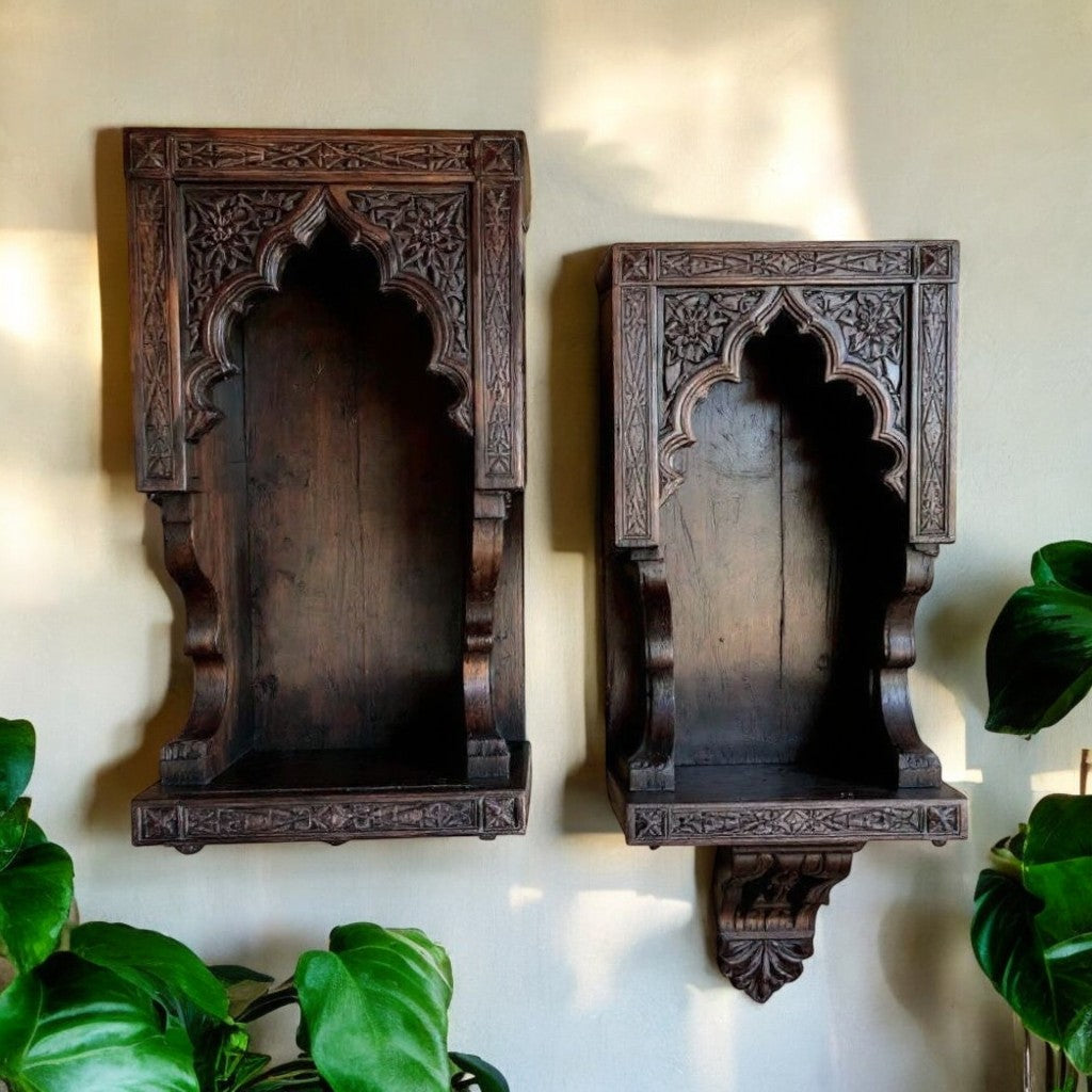 Set of two Jodhpur hand-carved Jharokha wall decor niches with dark wood antique wood art finish, mounted on a wall. Handcrafted in Jodhpur, Rajasthan. Ideal for antique home decor and decorative display.