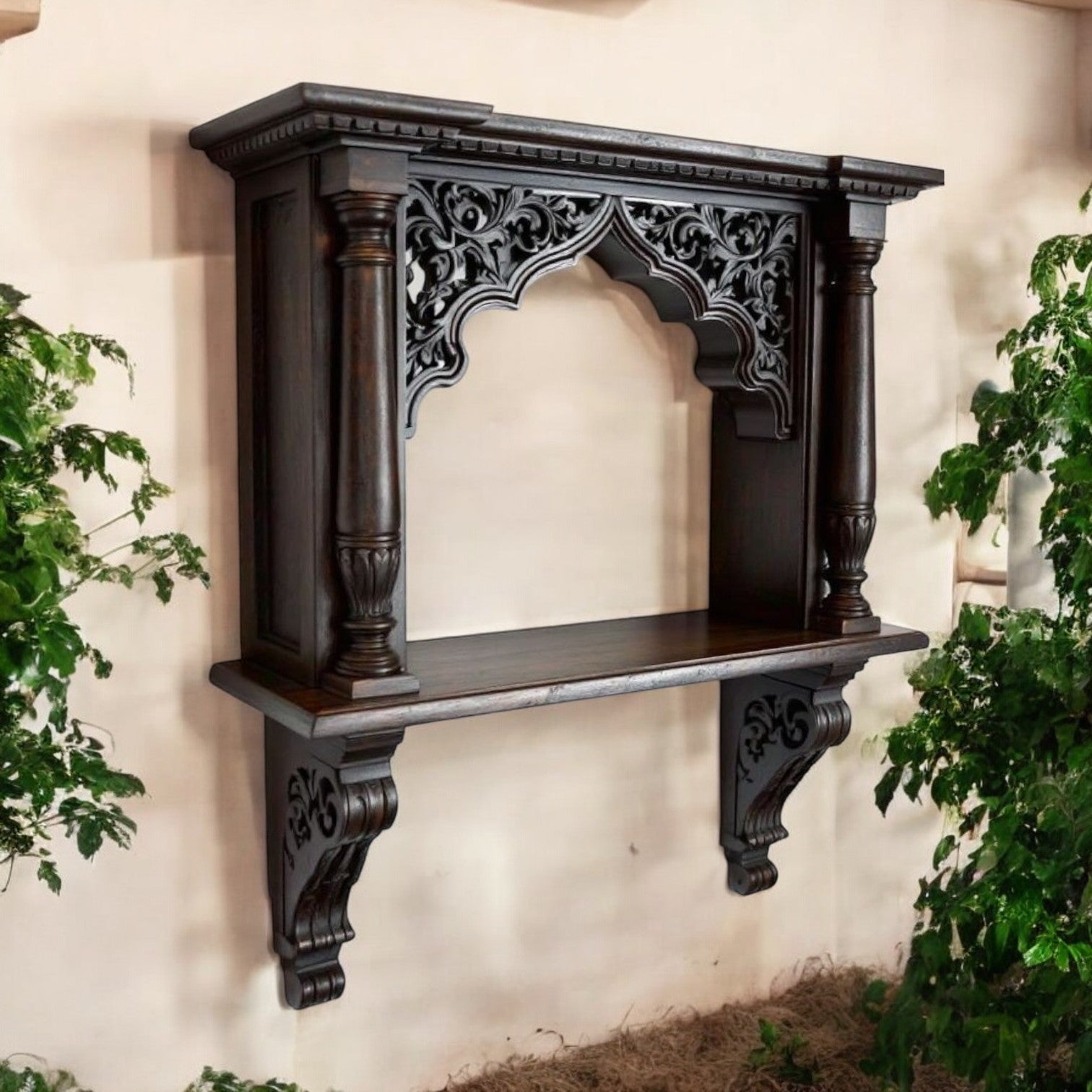 Jodhpur hand-carved archway wall shelf with dark wood antique wood art finish, mounted on a wall. Handcrafted in Jodhpur, Rajasthan. Ideal for antique home decor and decorative display.