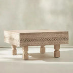 hand carved coffee table, mango wood coffee table, white coffee table, distressed white table, square coffee table, carved wood table, lattice coffee table, coastal table, shabby chic table, bohemian table, indian furniture, living room table, statement coffee table, handmade coffee table, artisan made table, premium wood table, quality furniture, durable table, sturdy table, timeless table, elegant table, ornate table, unique table, sculptural table, focal piece table, handcrafted in india, sustainable man