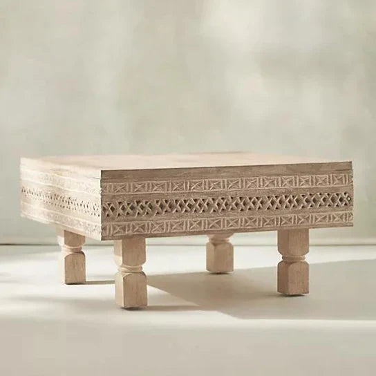 hand carved coffee table, mango wood coffee table, white coffee table, distressed white table, square coffee table, carved wood table, lattice coffee table, coastal table, shabby chic table, bohemian table, indian furniture, living room table, statement coffee table, handmade coffee table, artisan made table, premium wood table, quality furniture, durable table, sturdy table, timeless table, elegant table, ornate table, unique table, sculptural table, focal piece table, handcrafted in india, sustainable man