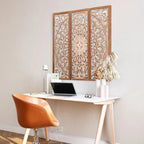 hand carved wall panel, mango wood wall art, triptych wall panel, natural wood panel, whitewashed panel, three panel wall art, square wall panel, jali carved panel, openwork wall hanging, lotus medallion panel, acanthus wall art, heritage wall art, indian furniture, living room wall art, bedroom wall decor, home office wall panel, decorative wall panel, handmade wall art, artisan made panel, premium wood art, quality wood decor, durable wall panel, solid wood panel, timeless wall art, elegant panel, stateme