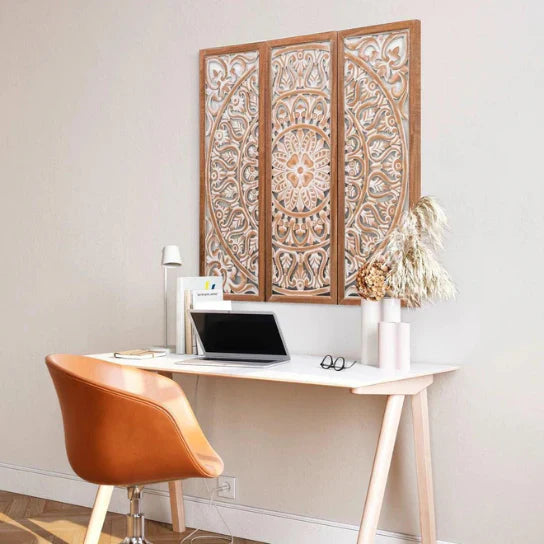 hand carved wall panel, mango wood wall art, triptych wall panel, natural wood panel, whitewashed panel, three panel wall art, square wall panel, jali carved panel, openwork wall hanging, lotus medallion panel, acanthus wall art, heritage wall art, indian furniture, living room wall art, bedroom wall decor, home office wall panel, decorative wall panel, handmade wall art, artisan made panel, premium wood art, quality wood decor, durable wall panel, solid wood panel, timeless wall art, elegant panel, stateme