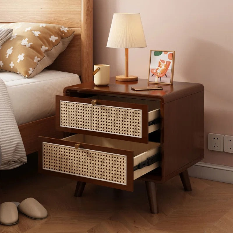 Walnut & Rattan 2-Drawer Nightstand | Mid-Century Modern Bedside Table | Cane Front Storage | J.L.HOME DECOR
