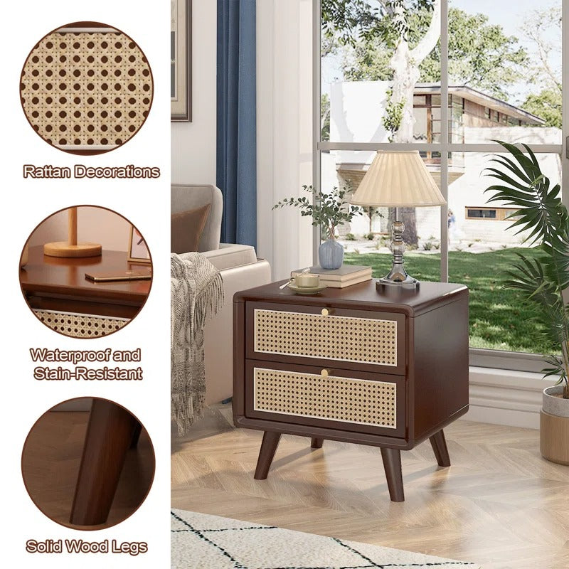 Walnut & Rattan 2-Drawer Nightstand | Mid-Century Modern Bedside Table | Cane Front Storage | J.L.HOME DECOR