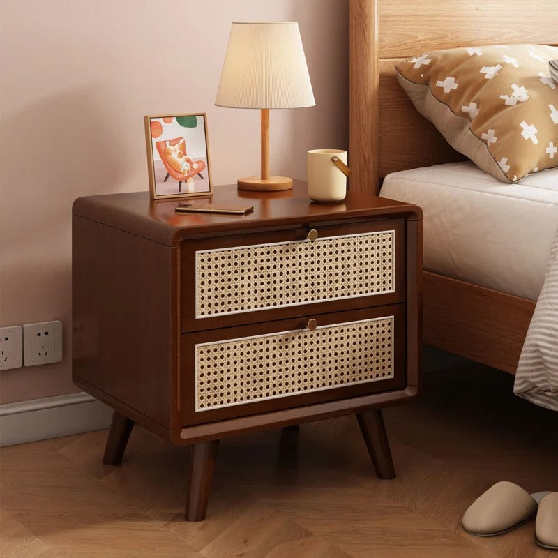 Walnut & Rattan 2-Drawer Nightstand | Mid-Century Modern Bedside Table | Cane Front Storage | J.L.HOME DECOR
