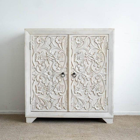 2-Doors Distressed White Floral Wooden Cabinet