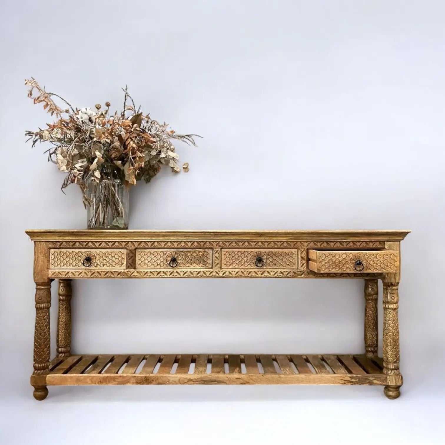 Handcrafted 4 Drawer Solid Wood Console Table with Carved Detailing Console Table  4-Drawer Console Table jlhomedecor2021.myshopify.com