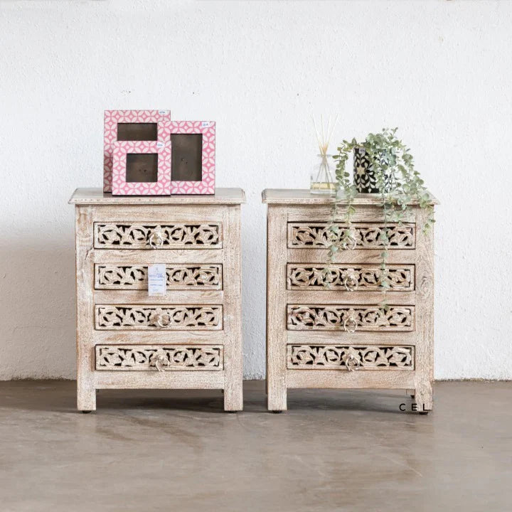 hand carved bedside table, mango wood bedside table, distressed bedside table, nightstand, 4 drawer bedside table, scroll carved bedside table, openwork bedside table, indian carved furniture, bedroom bedside table, bedroom nightstand, bedside storage, compact bedside table, handmade bedside table, artisan made nightstand, premium wood bedside table, quality wood furniture, durable nightstand, sturdy bedside table, timeless nightstand, elegant bedside table, heirloom nightstand, coastal bedside table, shabb