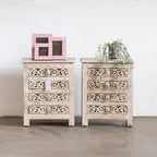 hand carved bedside table, mango wood bedside table, distressed bedside table, nightstand, 4 drawer bedside table, scroll carved bedside table, openwork bedside table, indian carved furniture, bedroom bedside table, bedroom nightstand, bedside storage, compact bedside table, handmade bedside table, artisan made nightstand, premium wood bedside table, quality wood furniture, durable nightstand, sturdy bedside table, timeless nightstand, elegant bedside table, heirloom nightstand, coastal bedside table, shabb