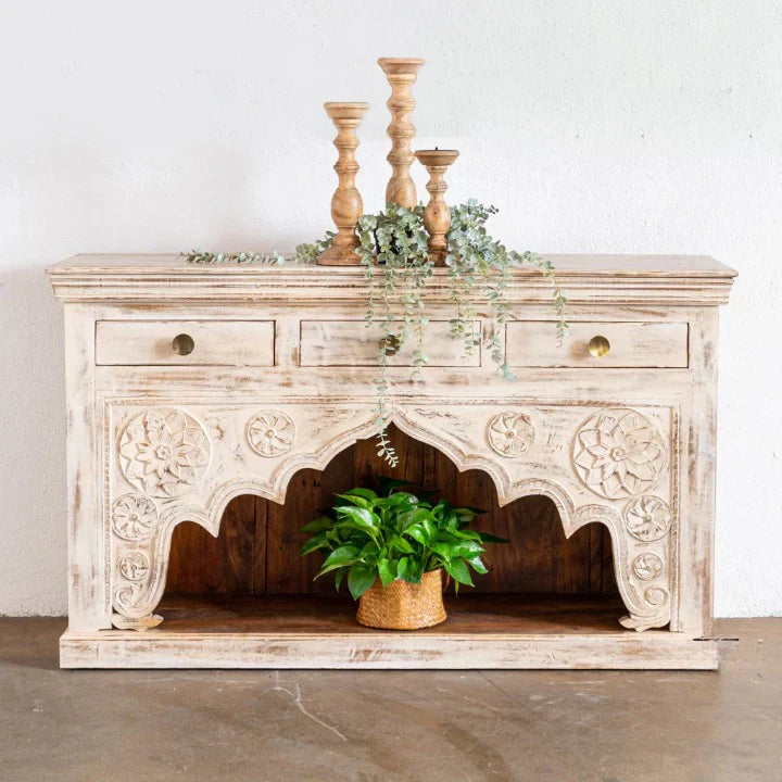 hand carved console table, mehrab console, solid mango wood console, 3 drawer console, distressed white console, white washed console, hall table, entryway console, hallway console, living room console, arched console, mughal style console, indian carved console, medallion carved console, statement console table, decorative console, handmade console table, artisan made console, premium wood console, quality wood furniture, durable console, sturdy console, timeless console, elegant console, grand console, he