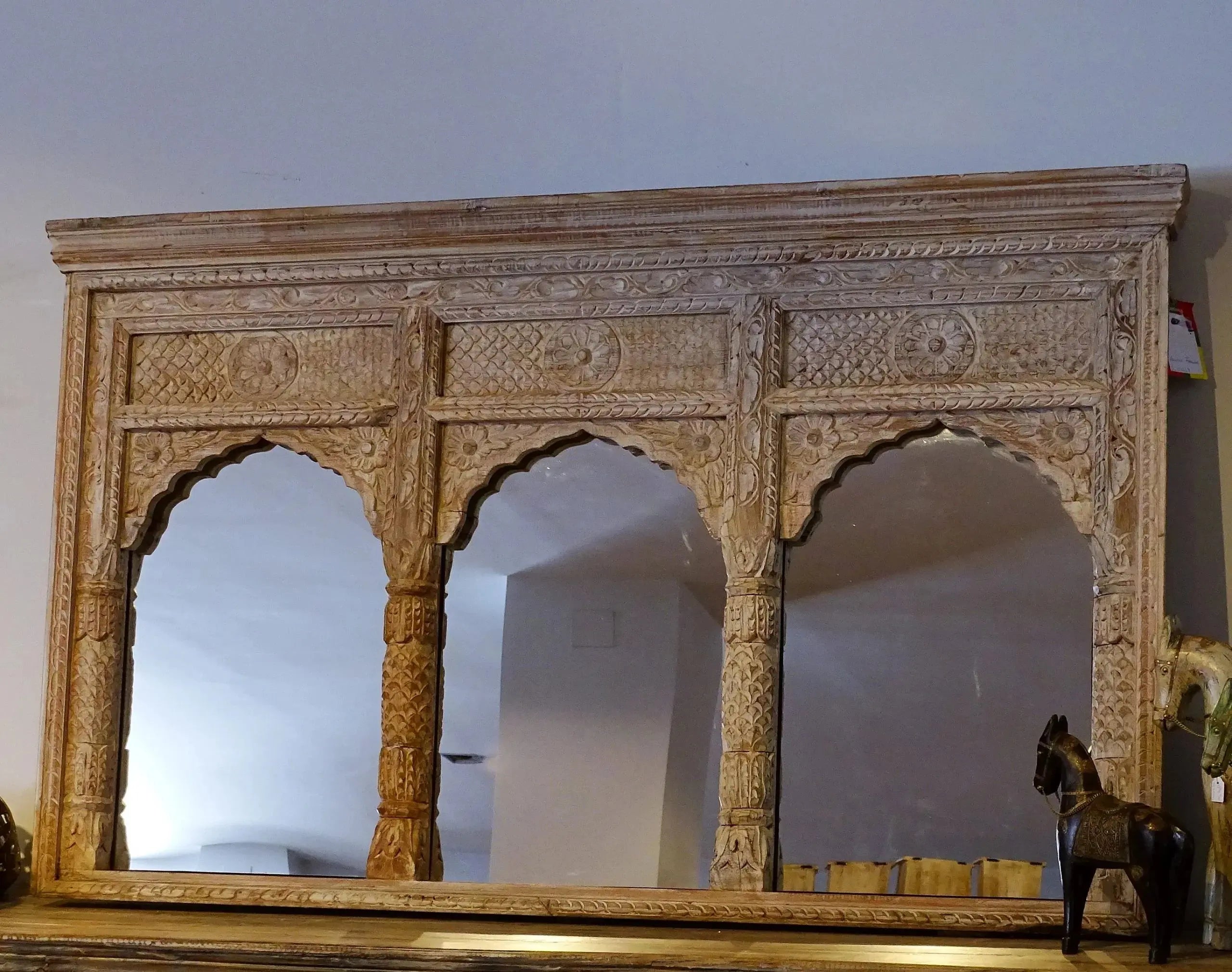 Hand‑Carved Wooden Mirror — Vintage Distressed 3 Mehrab Arch Frame, 152 × 93 × 10 cm Mirror  185x90 cm mirror jlhomedecor2021.myshopify.com