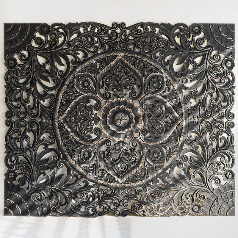 "Handcrafted carved wooden mandala wall panel for bed headboard"

