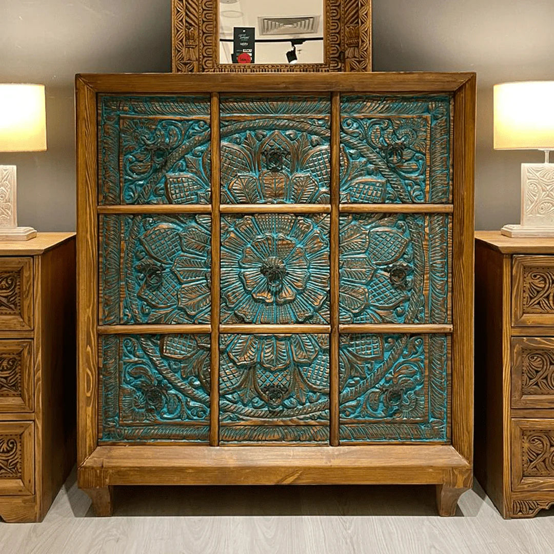 hand carved chest, mango wood dresser, chest of drawers, turquoise chest, 9 drawer dresser, floral carved dresser, carved chest, bohemian dresser, indian furniture, bedroom dresser, dining room chest, living room dresser, storage chest, handmade dresser, artisan made chest, premium wood dresser, quality wood furniture, durable chest, sturdy dresser, timeless chest, elegant dresser, statement chest, heirloom dresser, boho chest, eclectic dresser, global style chest, vintage dresser, rustic chest, traditional