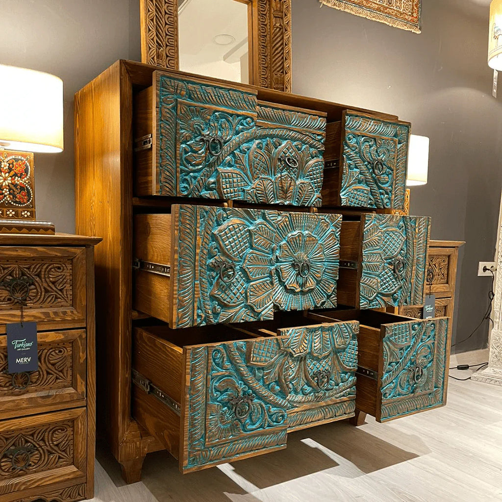 hand carved chest, mango wood dresser, chest of drawers, turquoise chest, 9 drawer dresser, floral carved dresser, carved chest, bohemian dresser, indian furniture, bedroom dresser, dining room chest, living room dresser, storage chest, handmade dresser, artisan made chest, premium wood dresser, quality wood furniture, durable chest, sturdy dresser, timeless chest, elegant dresser, statement chest, heirloom dresser, boho chest, eclectic dresser, global style chest, vintage dresser, rustic chest, traditional