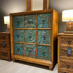 hand carved chest, mango wood dresser, chest of drawers, turquoise chest, 9 drawer dresser, floral carved dresser, carved chest, bohemian dresser, indian furniture, bedroom dresser, dining room chest, living room dresser, storage chest, handmade dresser, artisan made chest, premium wood dresser, quality wood furniture, durable chest, sturdy dresser, timeless chest, elegant dresser, statement chest, heirloom dresser, boho chest, eclectic dresser, global style chest, vintage dresser, rustic chest, traditional