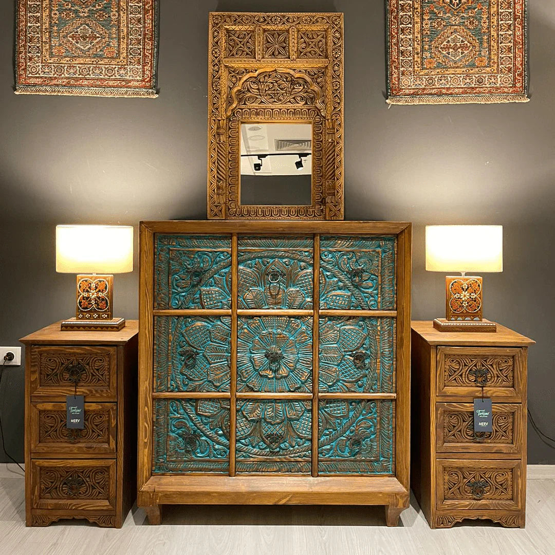 hand carved chest, mango wood dresser, chest of drawers, turquoise chest, 9 drawer dresser, floral carved dresser, carved chest, bohemian dresser, indian furniture, bedroom dresser, dining room chest, living room dresser, storage chest, handmade dresser, artisan made chest, premium wood dresser, quality wood furniture, durable chest, sturdy dresser, timeless chest, elegant dresser, statement chest, heirloom dresser, boho chest, eclectic dresser, global style chest, vintage dresser, rustic chest, traditional