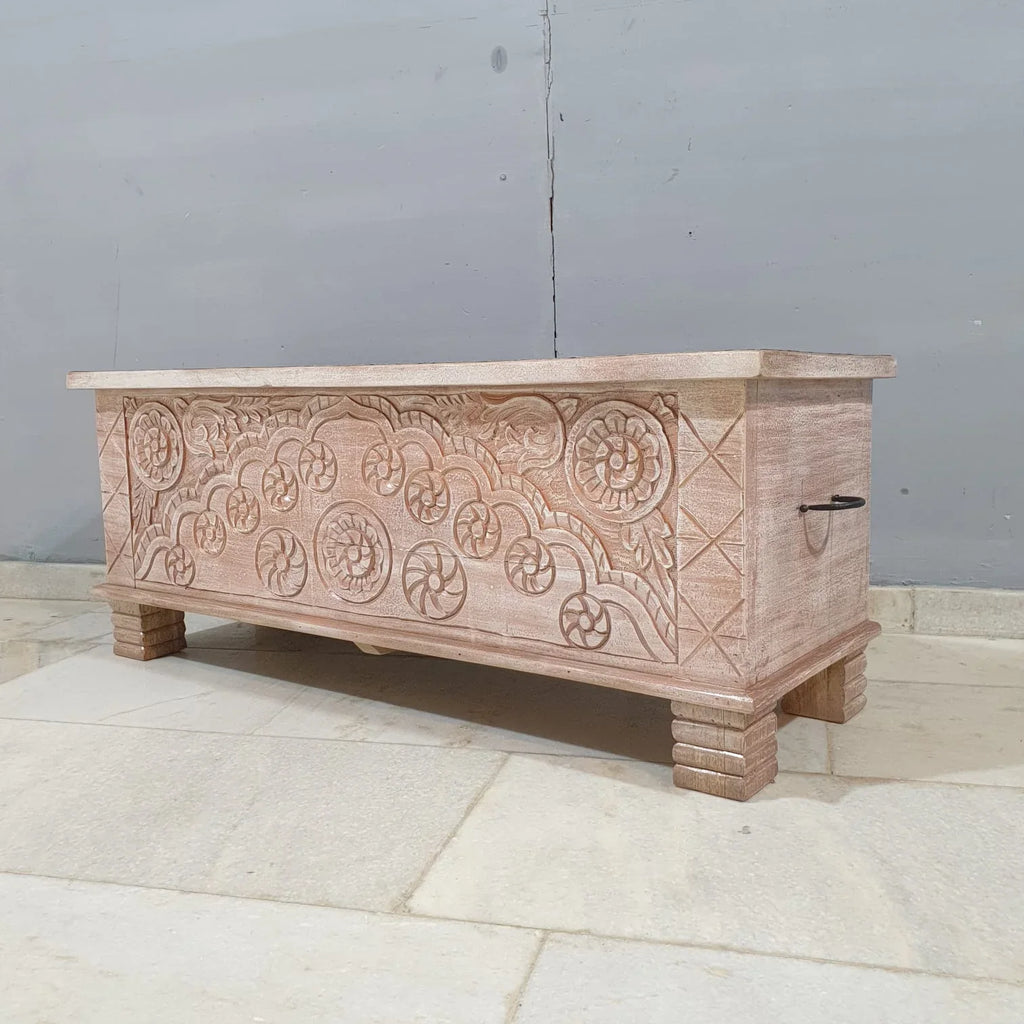 hand carved blanket box, antique wooden trunk, tribal carved box, natural finish trunk, brass inlay box, blanket trunk, linen chest, indian furniture, bedroom blanket box, living room trunk, entryway chest, storage bench, coffee table trunk, handmade blanket box, artisan made trunk, reclaimed wood chest, antique wood furniture, quality wood furniture, durable trunk, sturdy blanket box, timeless chest, elegant trunk, statement blanket box, heirloom chest, tribal style trunk, rustic blanket box, global style 