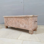 hand carved blanket box, antique wooden trunk, tribal carved box, natural finish trunk, brass inlay box, blanket trunk, linen chest, indian furniture, bedroom blanket box, living room trunk, entryway chest, storage bench, coffee table trunk, handmade blanket box, artisan made trunk, reclaimed wood chest, antique wood furniture, quality wood furniture, durable trunk, sturdy blanket box, timeless chest, elegant trunk, statement blanket box, heirloom chest, tribal style trunk, rustic blanket box, global style 