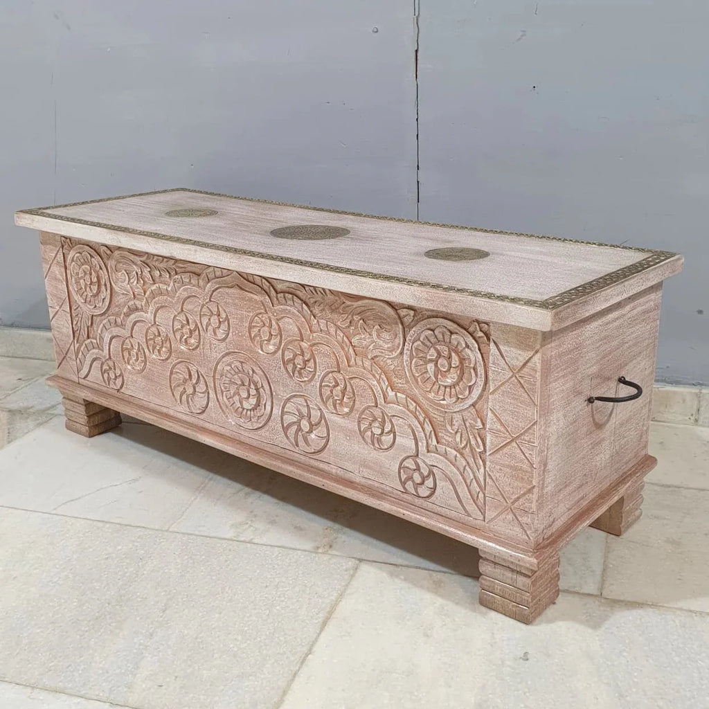 hand carved blanket box, antique wooden trunk, tribal carved box, natural finish trunk, brass inlay box, blanket trunk, linen chest, indian furniture, bedroom blanket box, living room trunk, entryway chest, storage bench, coffee table trunk, handmade blanket box, artisan made trunk, reclaimed wood chest, antique wood furniture, quality wood furniture, durable trunk, sturdy blanket box, timeless chest, elegant trunk, statement blanket box, heirloom chest, tribal style trunk, rustic blanket box, global style 